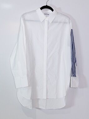 Partow Women's Cotton Poplin Collared Button Down Stripe Sleeve Blouse Shirt Top